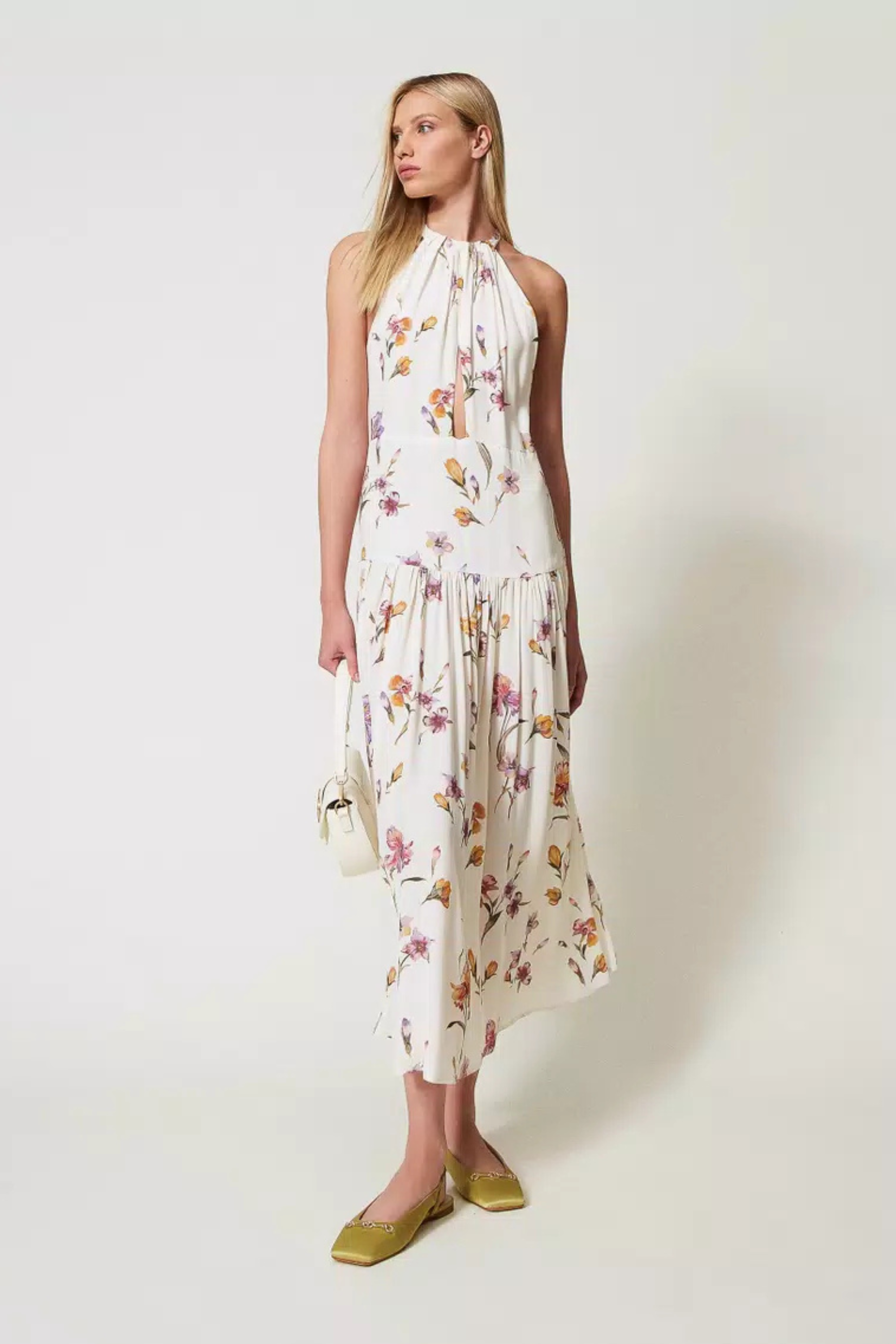 Long crêpe de Chine halter dress with floral print - Twinset