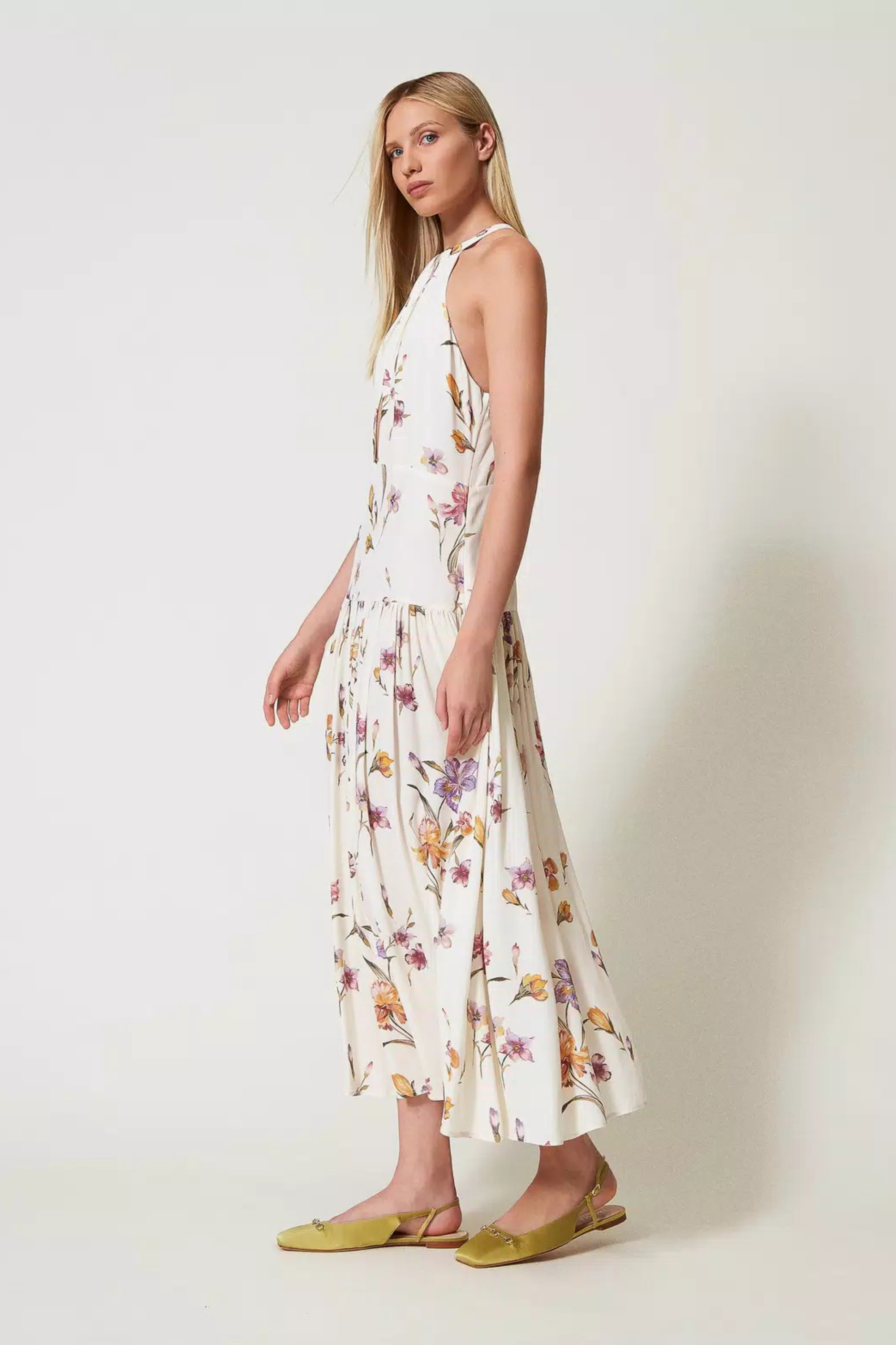 Long crêpe de Chine halter dress with floral print - Twinset