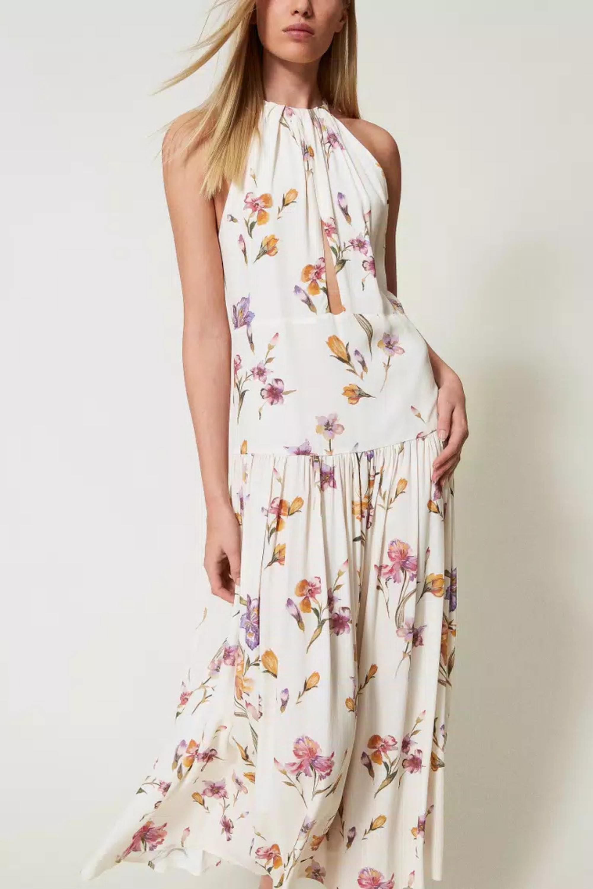 Long crêpe de Chine halter dress with floral print - Twinset