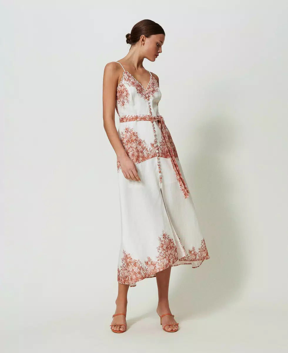 Midi linen dress with floral print - Twinset