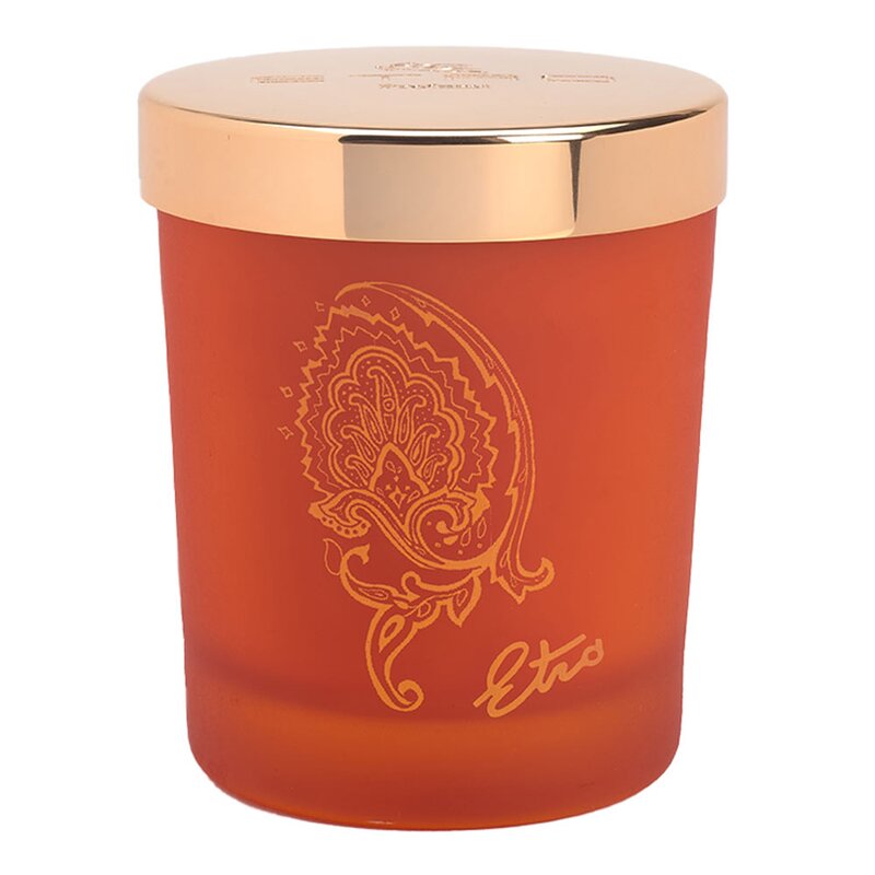 EOS Round Candle by Etro in bright orange glass, Notes; Citrus scent with the tingling of grape fruit bowl, Decorated glass, New Arrivals, Espace Cannelle