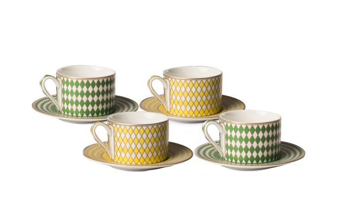 Chess Tea Set by Pols Potten, Material: Porcelain, Colour: Yellow & Green, Gold decorations, Chess Series, New Arrivals 2021, Espace Cannelle